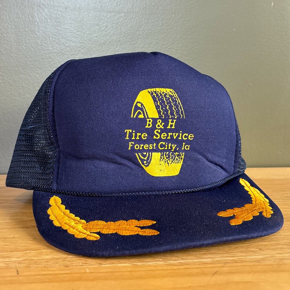 Vintage B&H Tire Service Forest City Iowa Navy Blue Gold Trucker Snapback Hat